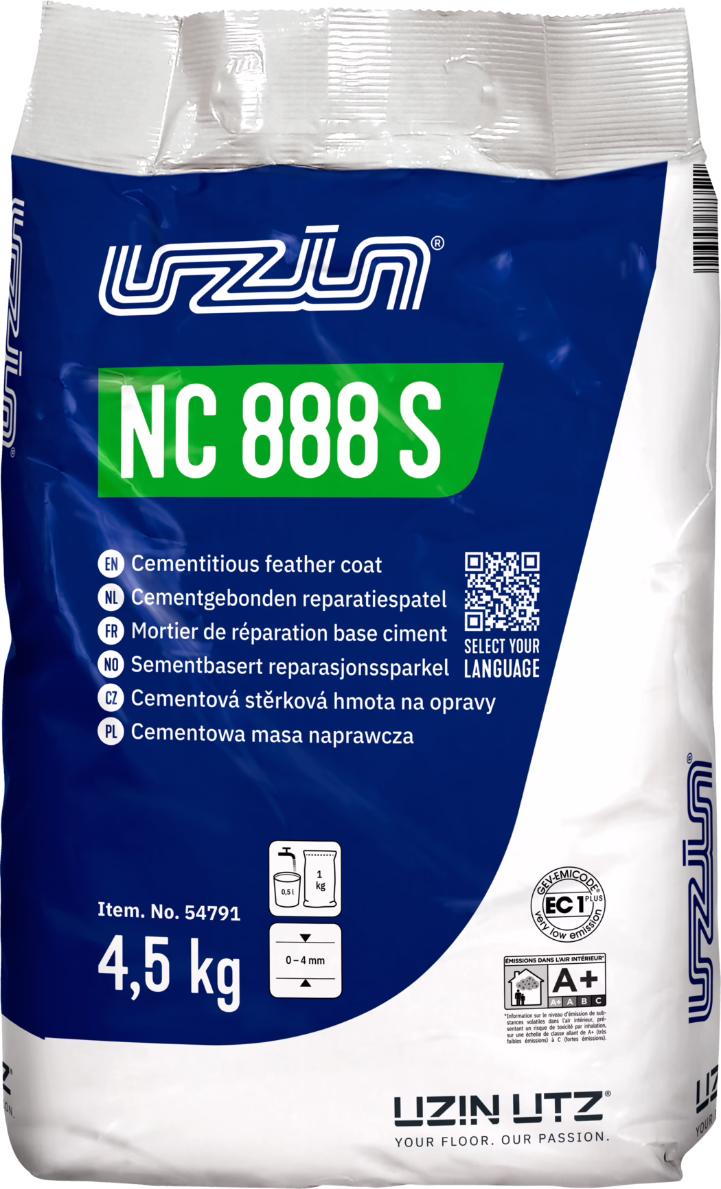 Foto van een 4,5 kg zak UZIN NC 888 S, een cementgebonden reparatie- en afwerkmiddel. De verpakking is blauw-wit met een groene NC 888 S-strook en het UZIN-logo bovenaan. Tekst zichtbaar: productnaam, meertalige omschrijvingen, QR-code 'Select your language', artikelnr. 54791, mengicoon (ongeveer 0,5 l water per 1 kg), verwerkbare laagdikte 0–4 mm, EC1 Plus lage-emissie certificaat en A+ label. Toepassing: cementgebonden reparatie- en egaliseermortel voor vloeren. Gewicht '4,5 kg' duidelijk zichtbaar. Verpakking met kreukels en barcode rechts.